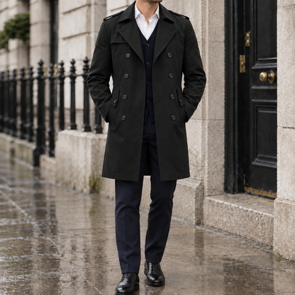 Bradley Double-Breasted Trench Coat - Black, worn, full coat