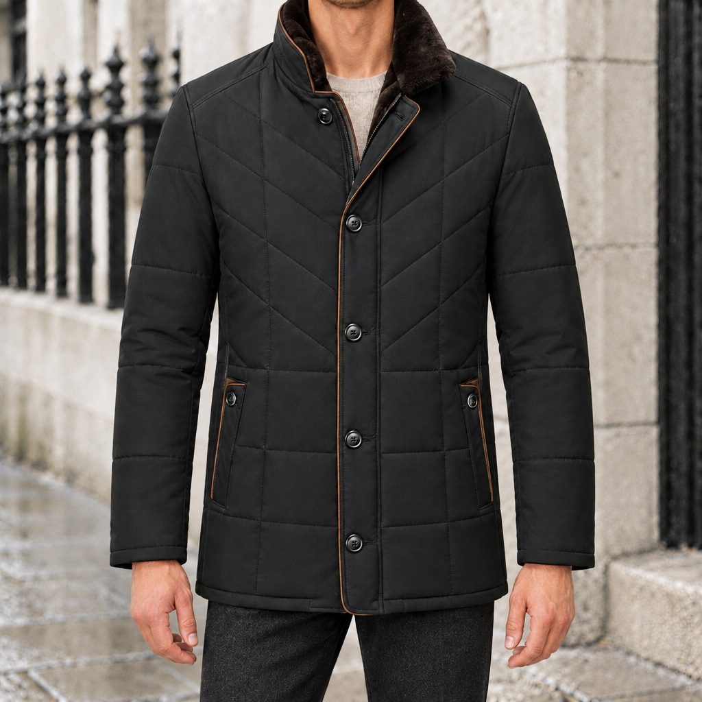 Douglas Chevron-Quilted Plush-Collar Coat - Black, worn