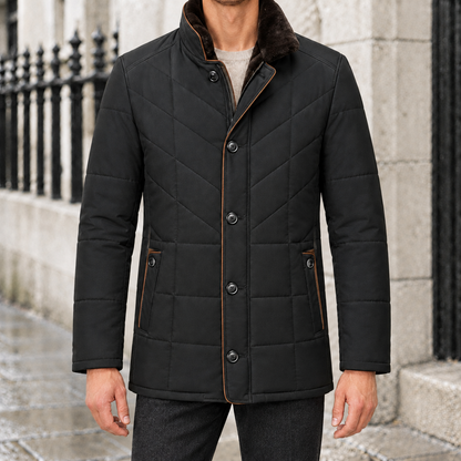 Douglas Chevron-Quilted Plush-Collar Coat - Black, worn