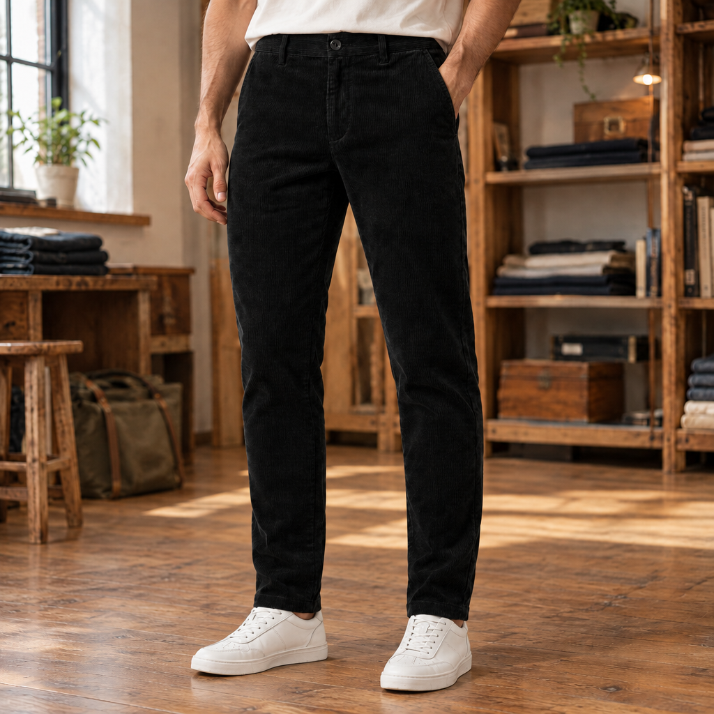 Clark Corduroy Tapered Trousers - Black, worn, full length