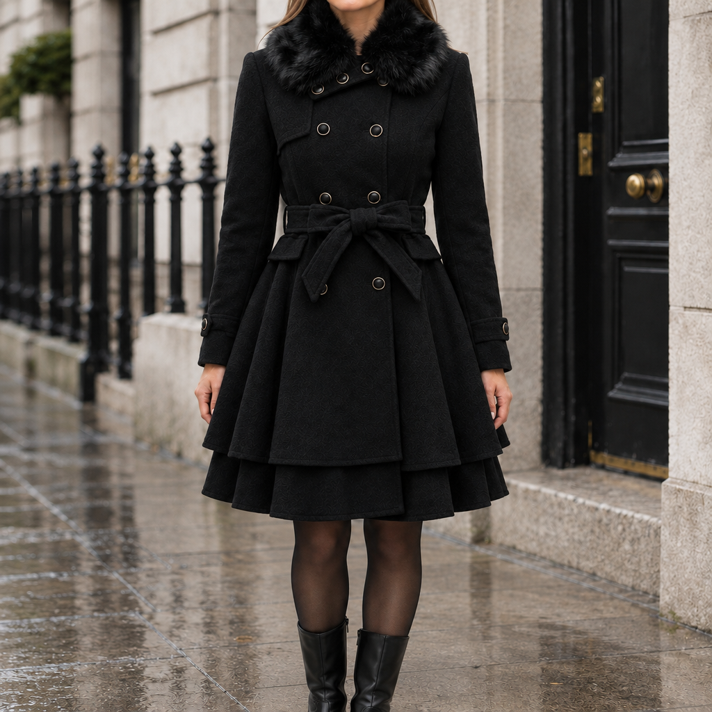 Caroline Fur-Collar Peplum Coat - Black, worn