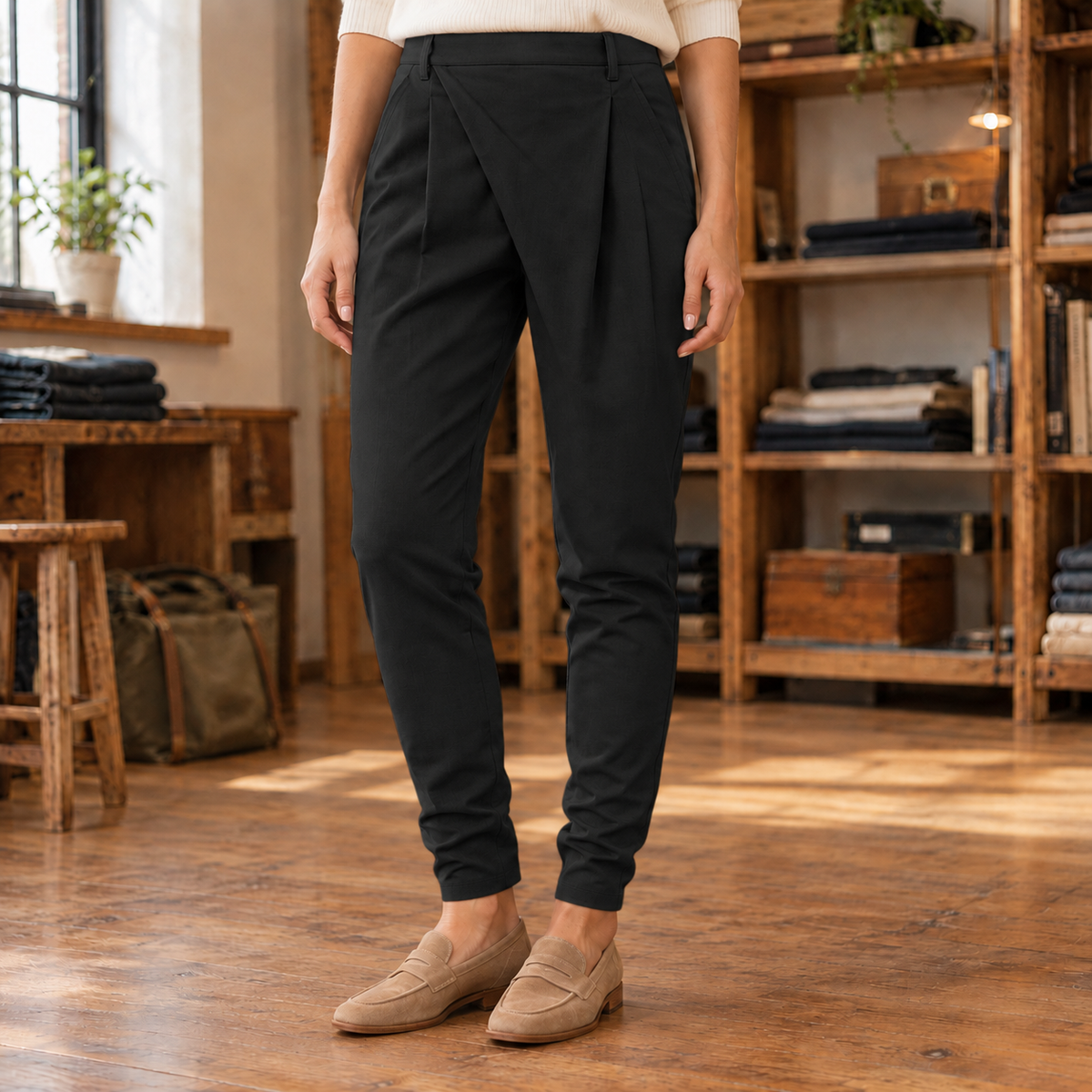 Claire Crossover Pleated Trousers - Black, worn, full trousers