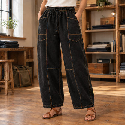 Willa Topstitched Barrel-Leg Pants - Black, worn, full pants