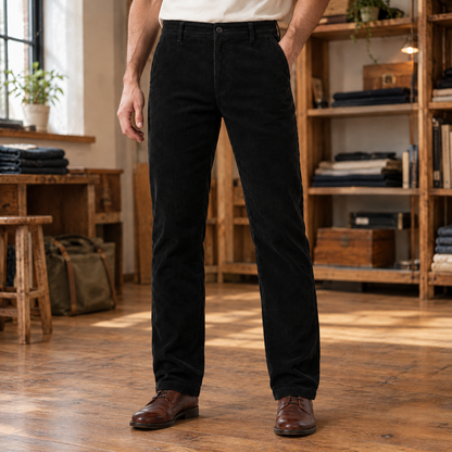 Elliott Wide-Wale Corduroy Trousers - Black, worn, full length
