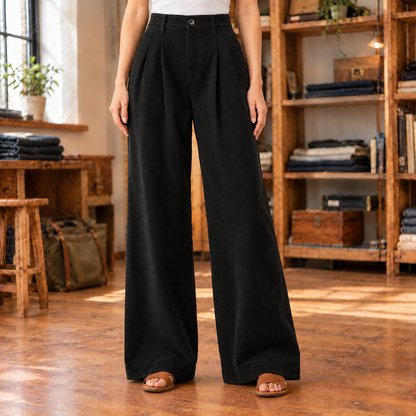 Brooke Pleated Corduroy Wide-Leg Trousers - Black, worn, full length