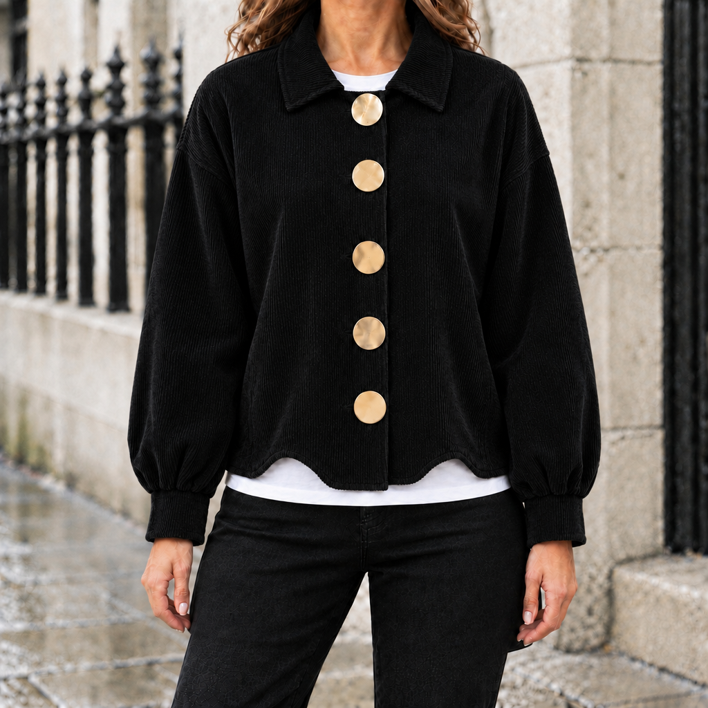 Hailey Big-Button Corduroy Jacket - Black, worn, full jacket