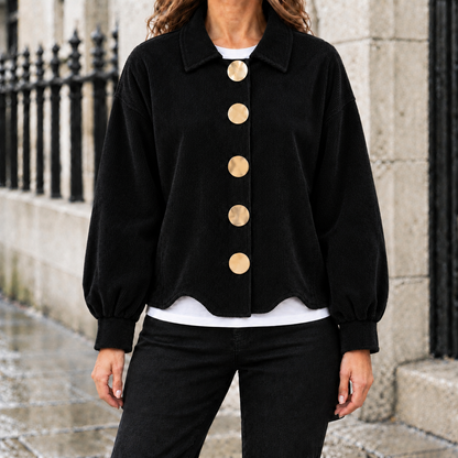 Hailey Big-Button Corduroy Jacket - Black, worn, full jacket