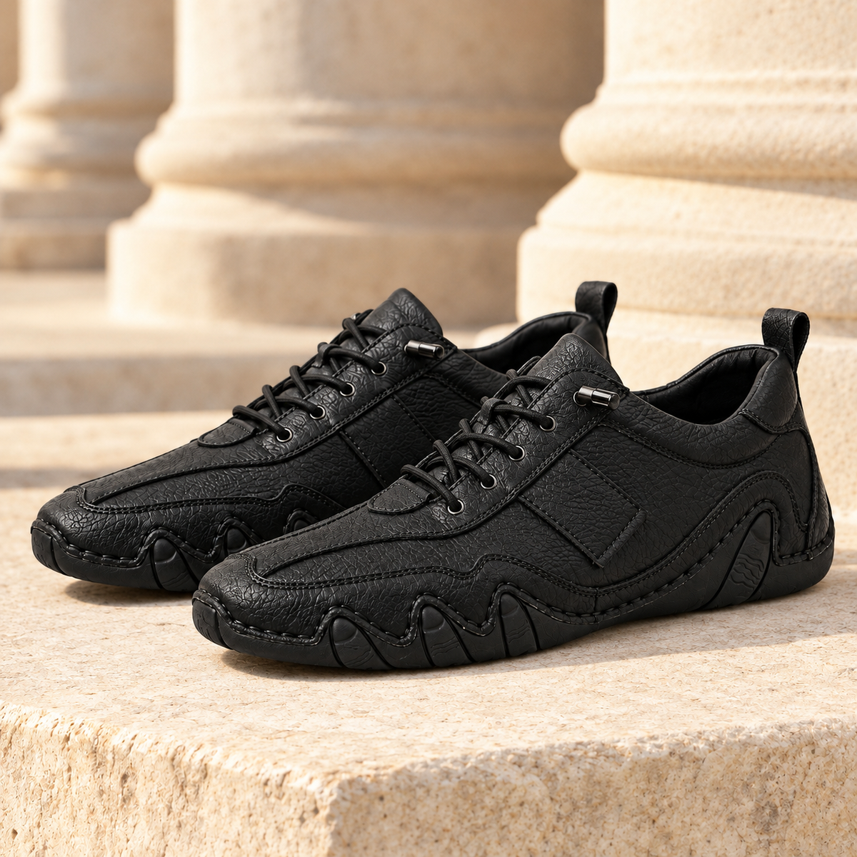 Gavin Wavy-Sole Leather Lace-Up Shoes - Black, full pair
