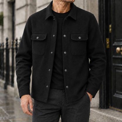 Garrett Brushed Snap-Front Shirt Jacket - Black, worn, full jacket
