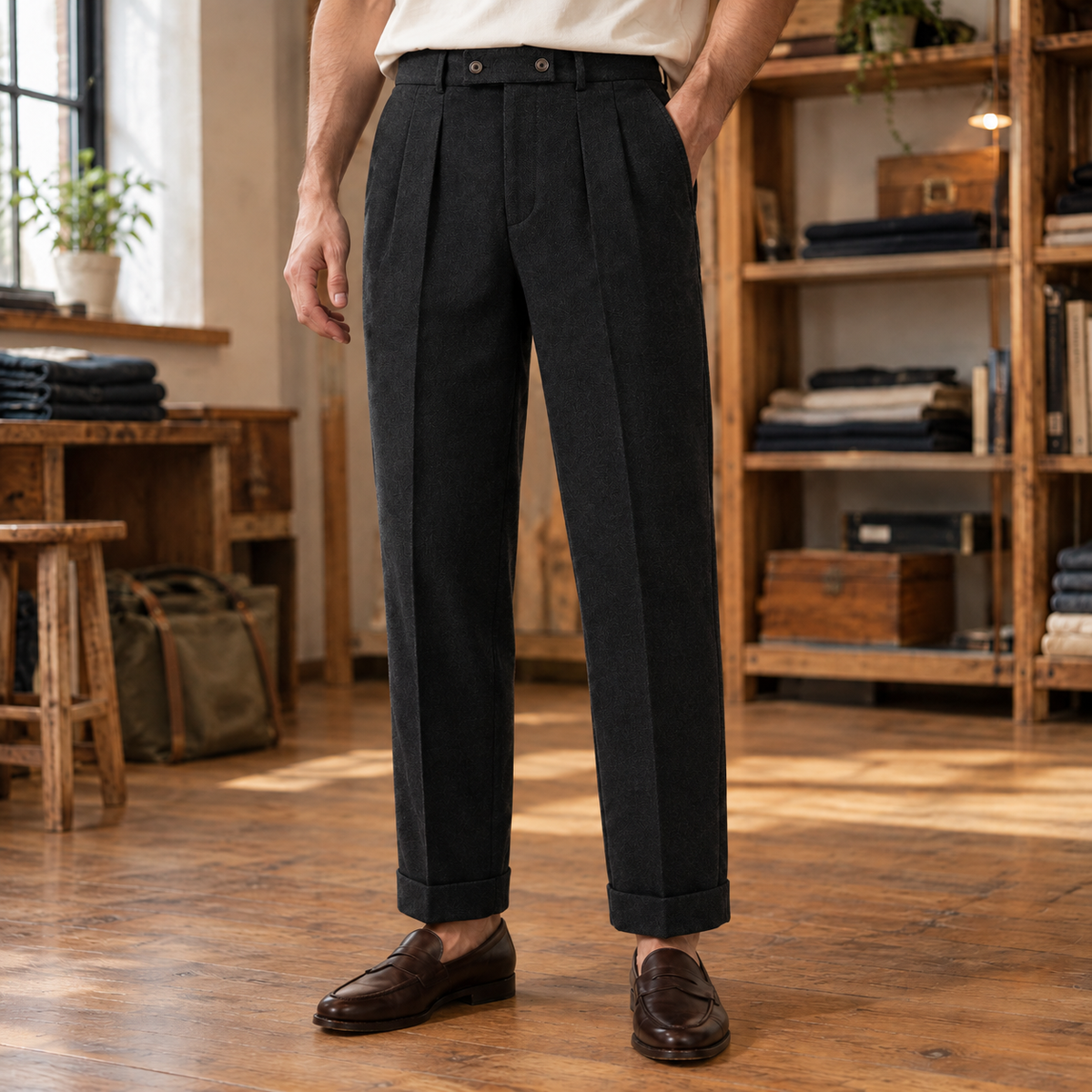 Gavin Button-Tab Pleated Trousers - Black, worn, full trousers