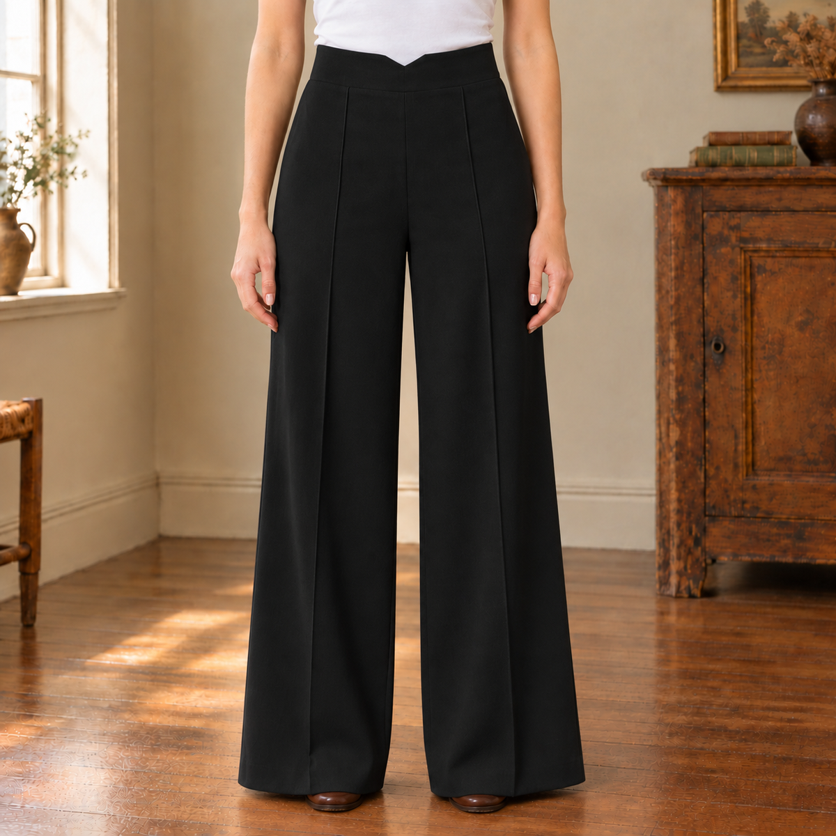 Natalie V-Waist Wide-Leg Trousers - Black, worn, full trousers
