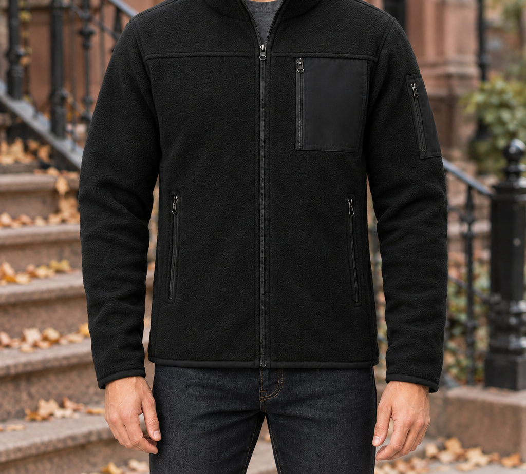 Ross Utility Fleece Zip Jacket - Black, worn, full jacket