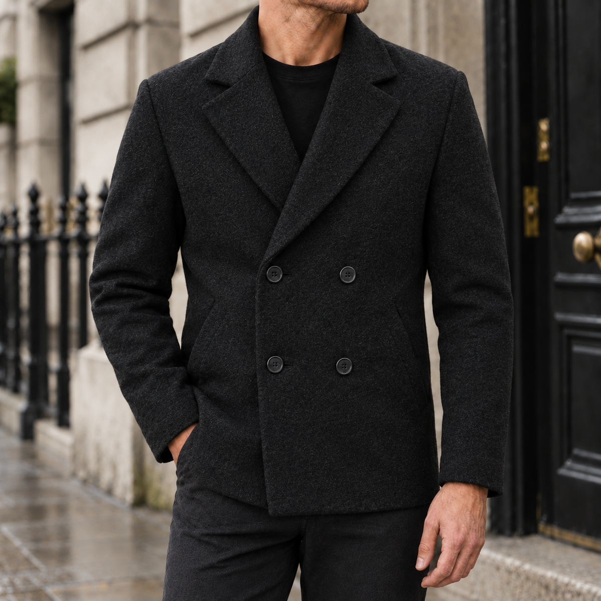 Calvin Brushed Double-Breasted Peacoat - Black, worn, full coat