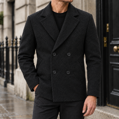 Calvin Brushed Double-Breasted Peacoat - Black, worn, full coat