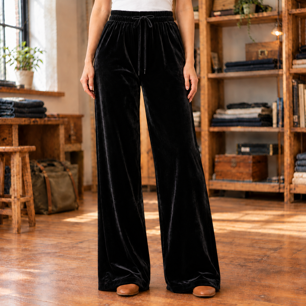 Violet Velvet Drawstring Wide-Leg Pants - Black, worn, full length