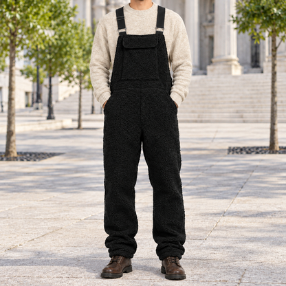 Clay Sherpa Fleece Bib Overalls - Black, worn, full overalls