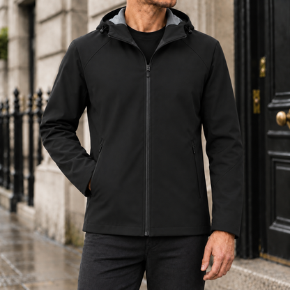 Weston Hooded Rain Jacket - Black, worn, full jacket