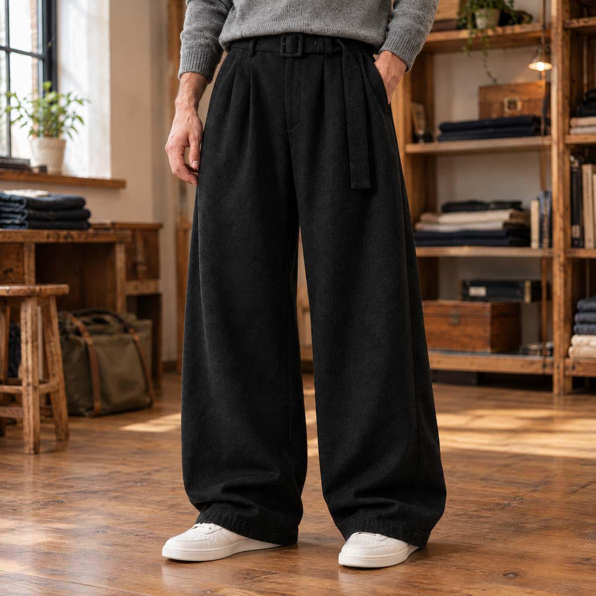 Warren Belted Wool-Blend Wide-Leg Trousers - Black, worn, full trousers