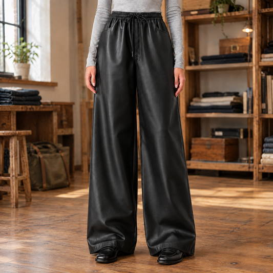 Morgan Faux-Leather Wide-Leg Pants - Black, worn, full pants