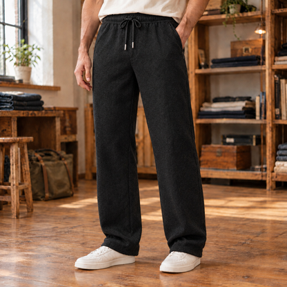 Ethan Herringbone Drawstring Trousers - Black, worn, full trousers