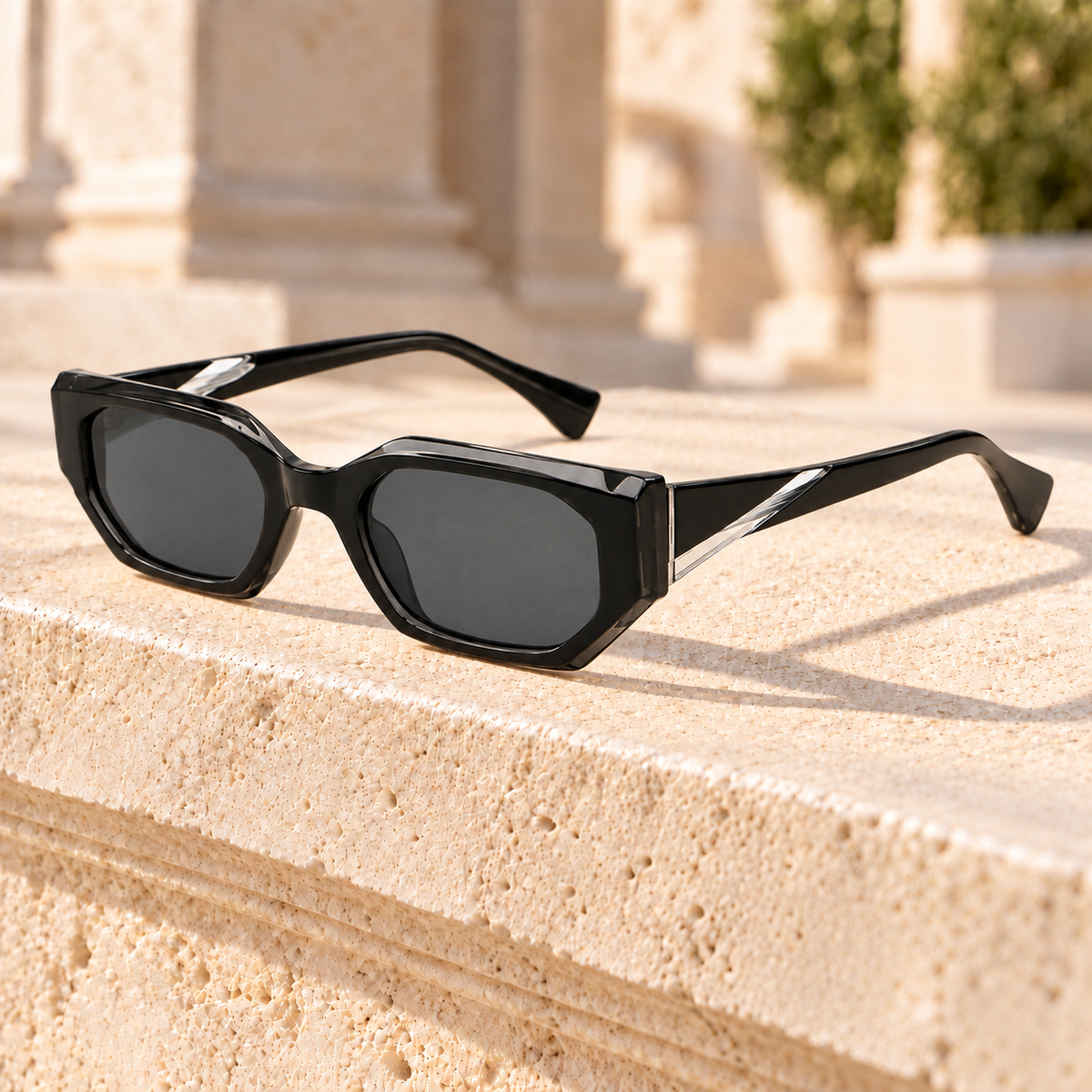 Drew Angular Geometric Sunglasses — Black/Gray, full frame