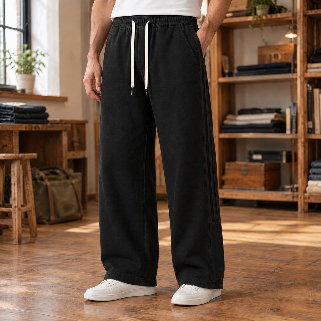 Trevor Side-Panel Drawstring Pants - Black, worn, full length