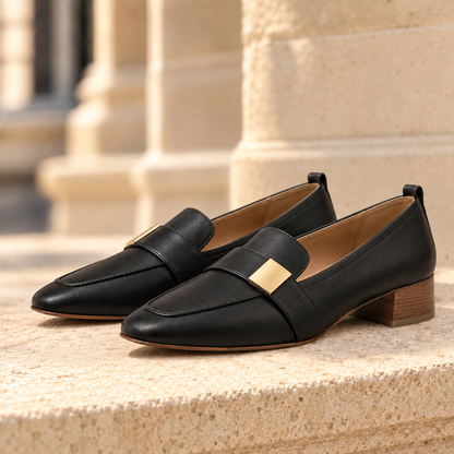 Margot Leather Block-Heel Loafers - Black, full pair