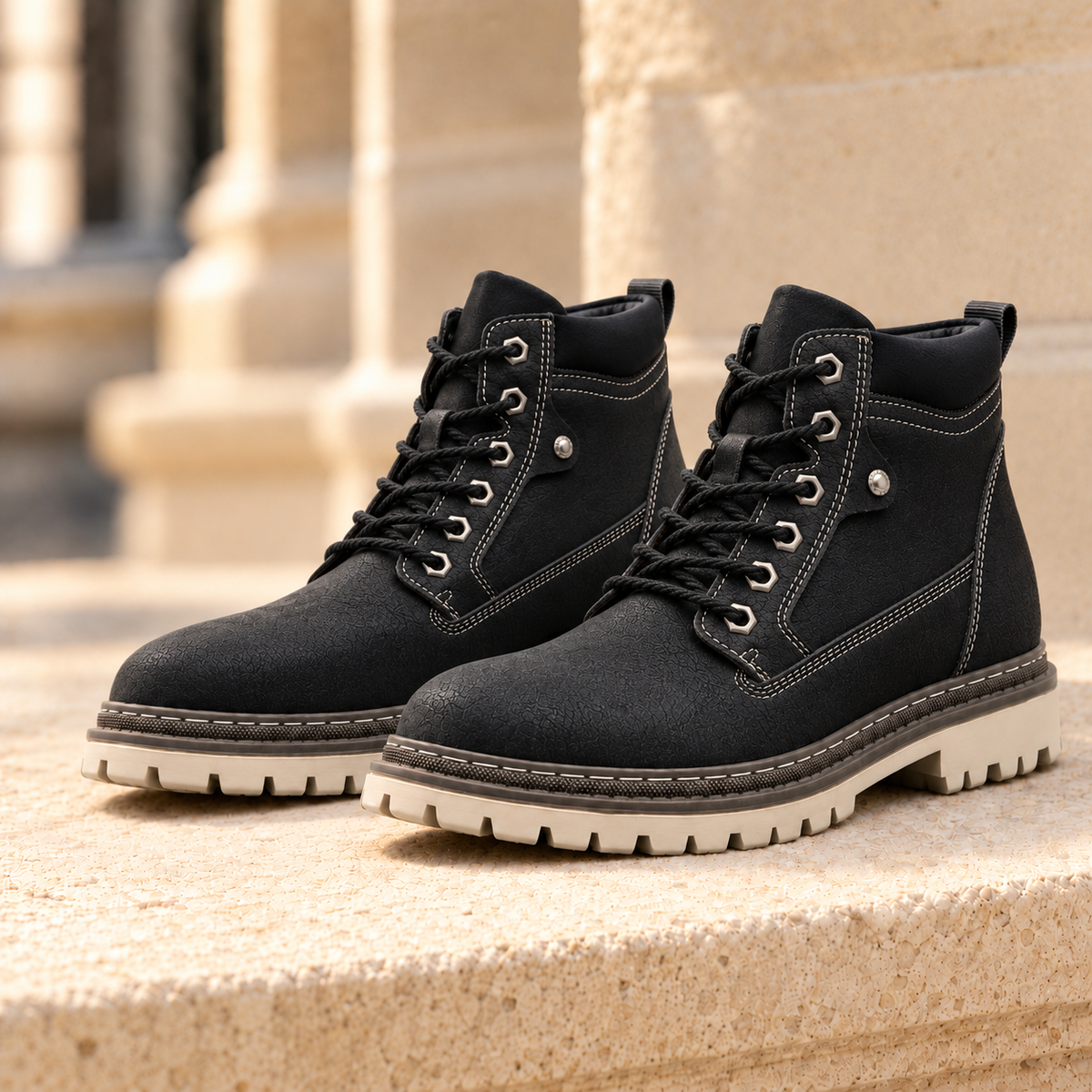 Wyatt Lug-Sole Lace-Up Boots - Black, full pair