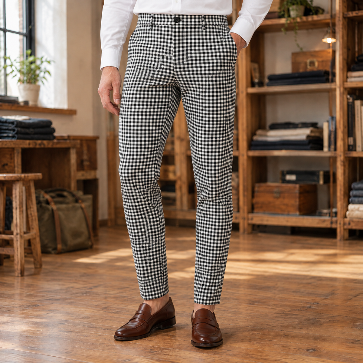 Fenwick Micro-Check Slim Trousers — Black, worn, full trousers