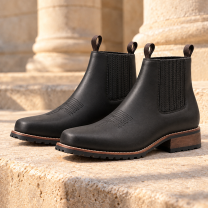 Wade Square-Toe Western Chelsea Boots - Black, pair on a limestone step