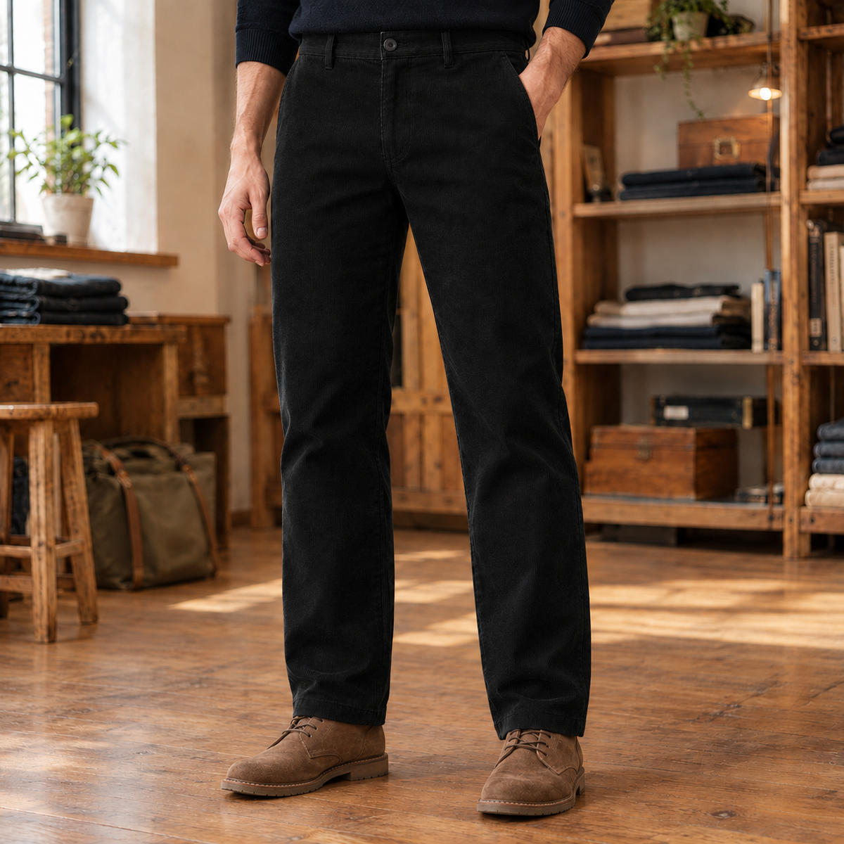 Porter Fleece-Lined Corduroy Trousers - Black, worn, full trousers