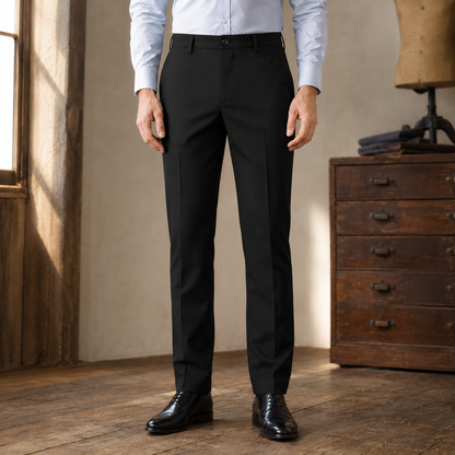 Alden Stretch Dress Trousers — Black, worn, full trousers