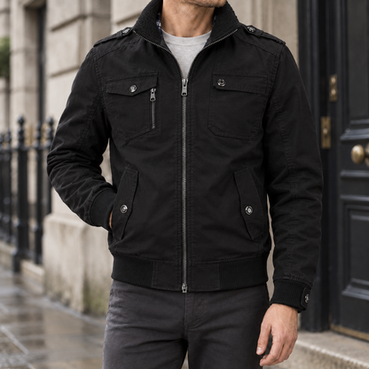 Corvin Cotton Military Jacket — Black, worn, full jacket