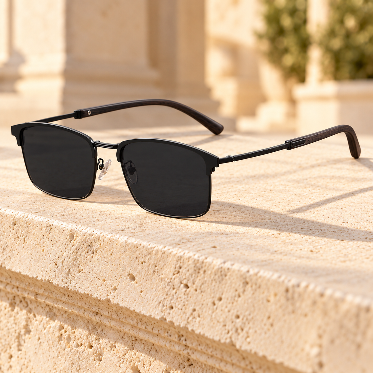 Thane Wood-Grain Browline Sunglasses — Black, full frame