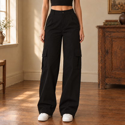 Maren High-Rise Cargo Pants — Black, worn, full pants