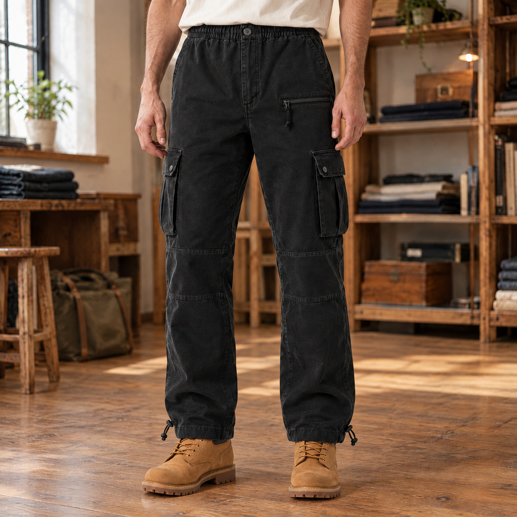 Tucker Cotton Cargo Pants - Black, worn, full pants