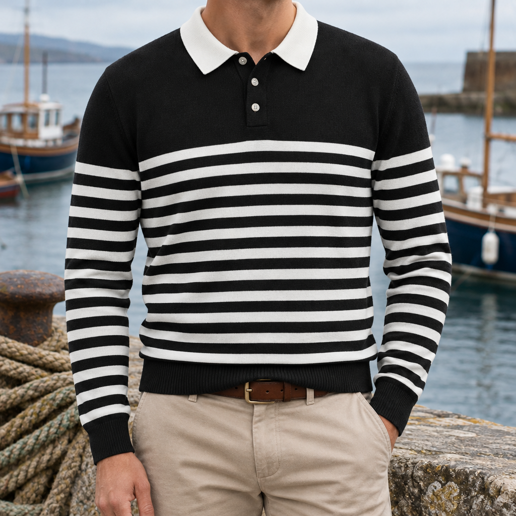 James Contrast-Collar Striped Knit Polo - Black & White, worn, full polo