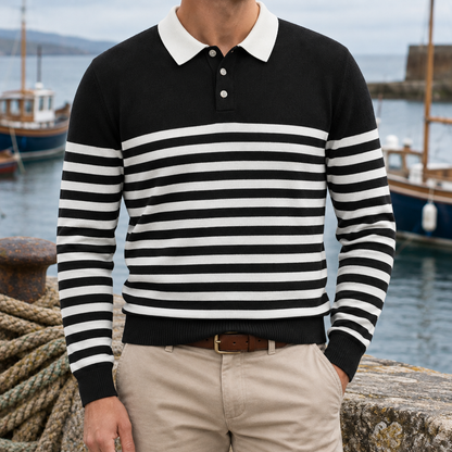 James Contrast-Collar Striped Knit Polo - Black & White, worn, full polo