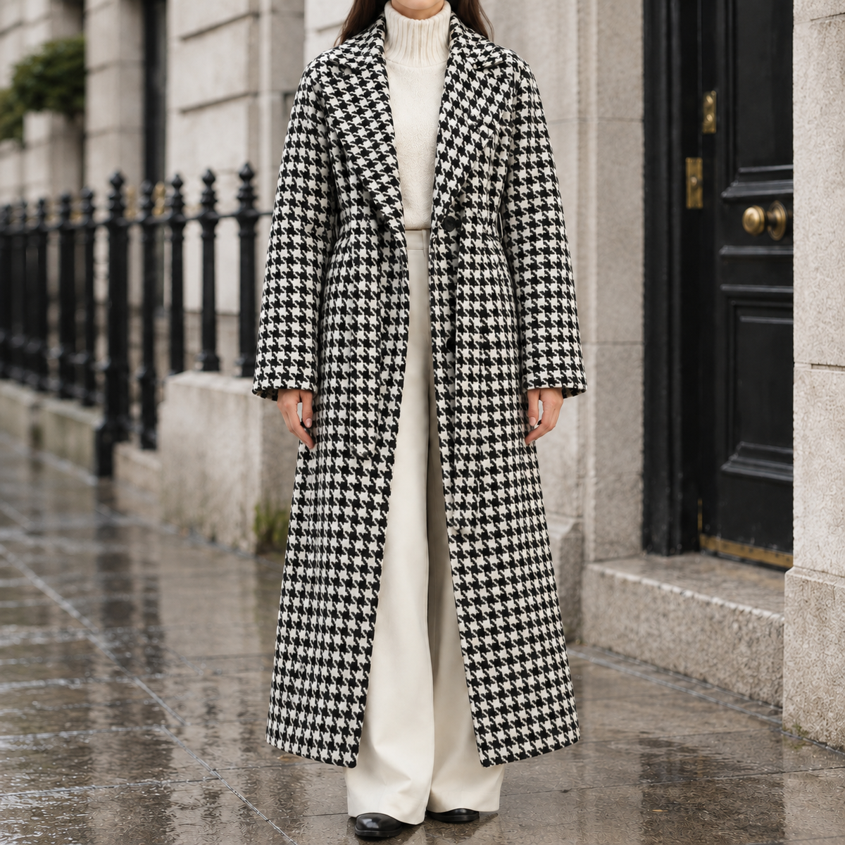 Diana Houndstooth Belted Maxi Coat - Black & White, worn, full coat