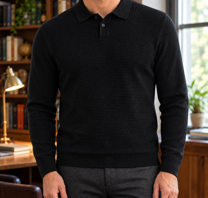 Thomas Basketweave Long-Sleeve Polo - Black, worn, full polo