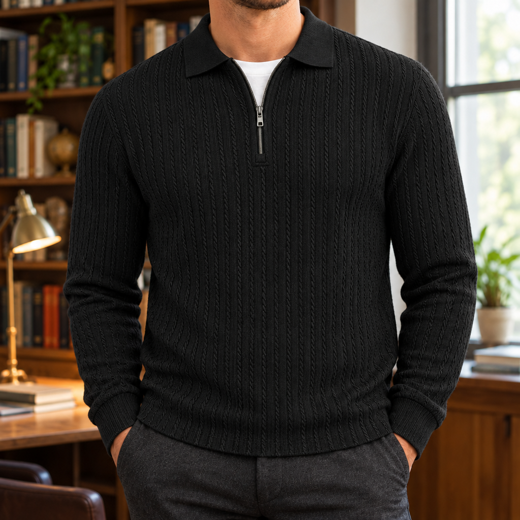 Peter Textured Quarter-Zip Polo - Black, worn, full polo
