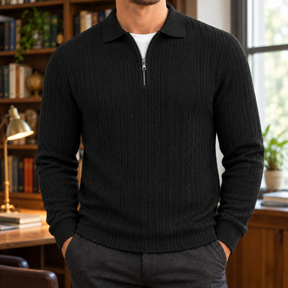 Peter Textured Quarter-Zip Polo - Black, worn, full polo