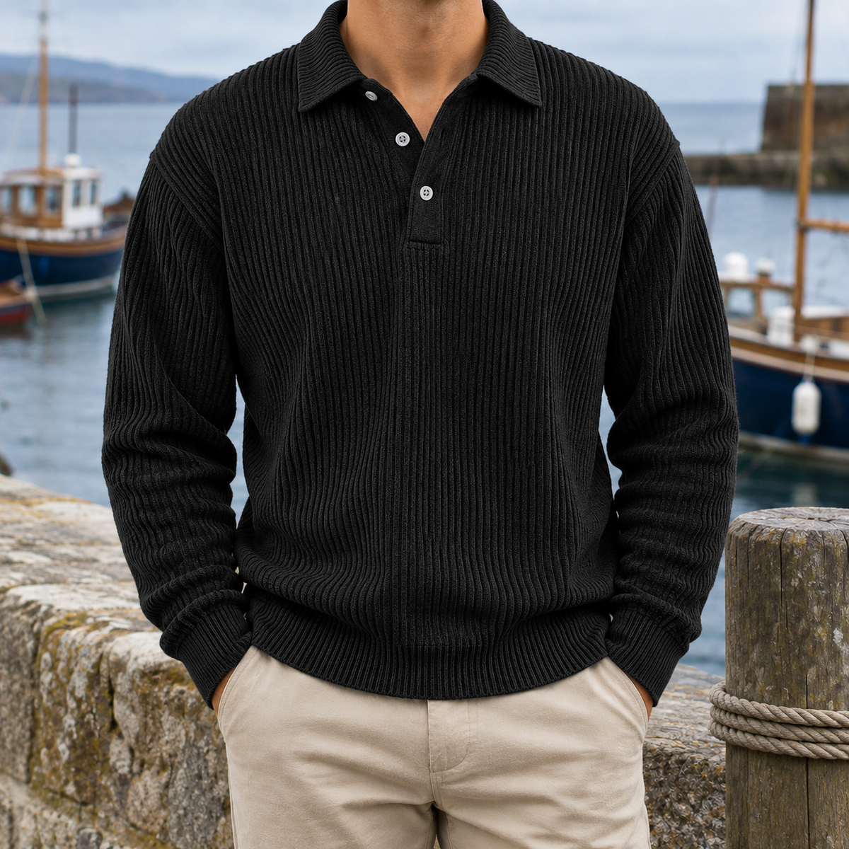 Bradley Ribbed Long-Sleeve Knit Polo - Black, worn, full polo