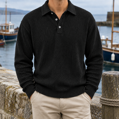 Bradley Ribbed Long-Sleeve Knit Polo - Black, worn, full polo