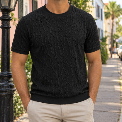 Luke Jacquard Knit Tee - Black Wave, worn, full tee