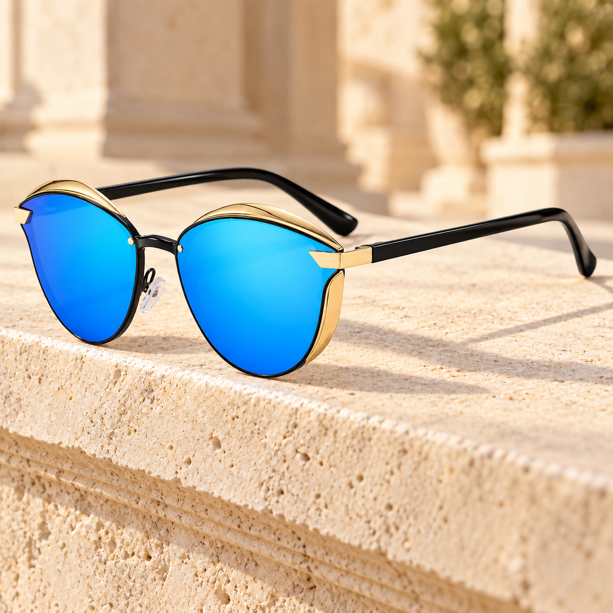 Grace Metal-Brow Cat-Eye Sunglasses — Black/Blue Mirror, full frame