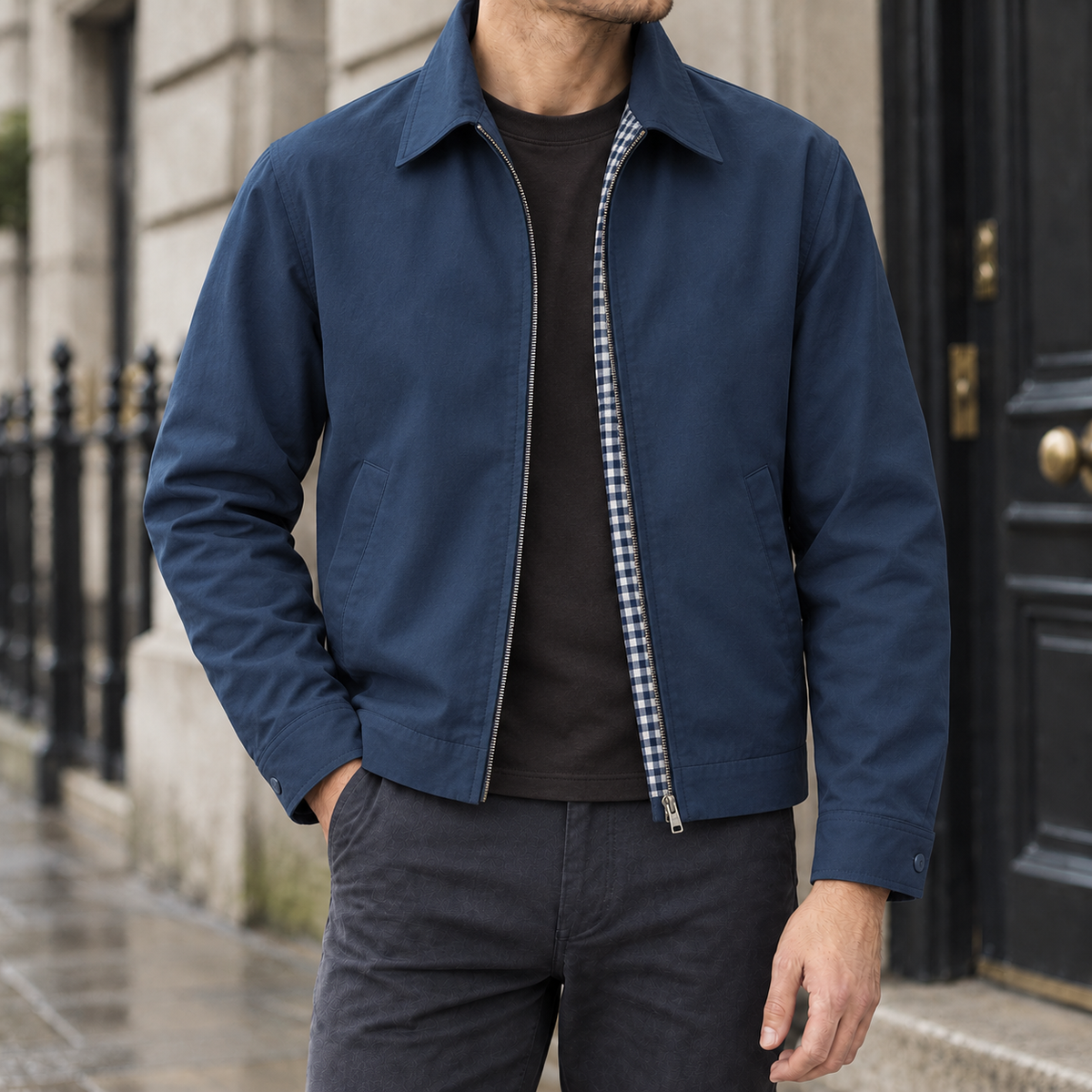 Wesley Gingham-Lined Harrington Jacket - Navy, worn open