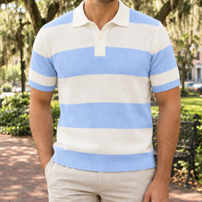 Lucas Block-Stripe Knit Polo - Blue, worn