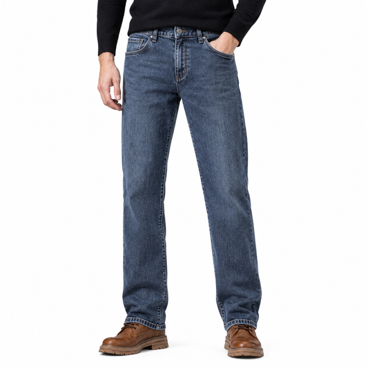 Grant Fleece-Lined Straight Jeans - Gray Blue, worn, full jeans
