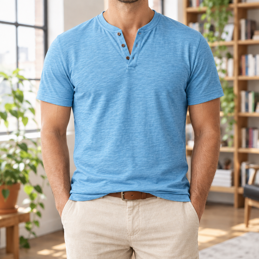 Nolan Slub-Texture Henley Tee - Blue, worn